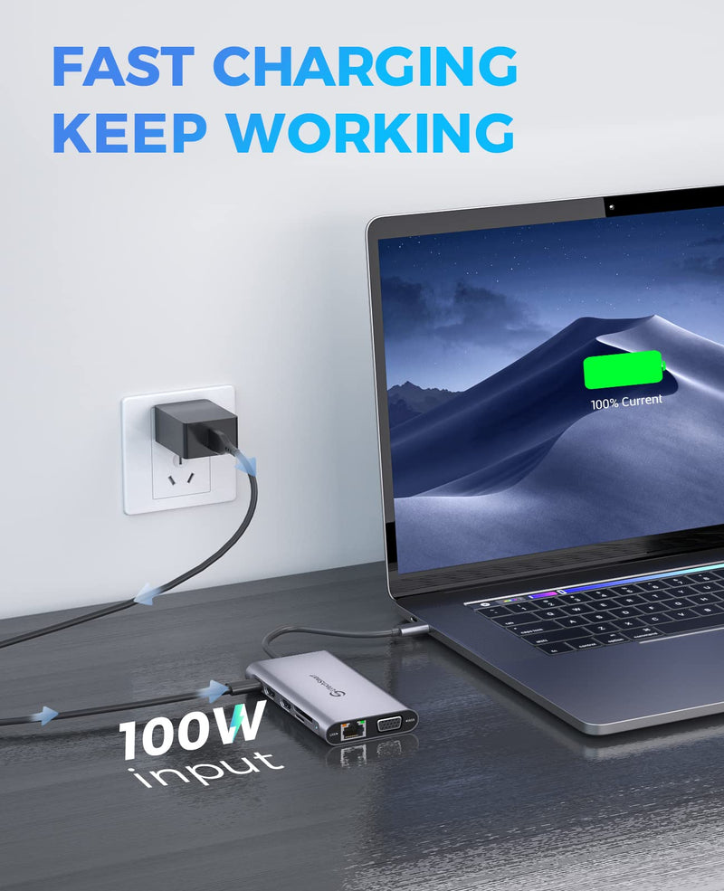UtechSmart USB C Docking Station, Dual Monitor, Laptop Docking Station | 11 in 1 Triple Display USB C Hub with Dual HDMI, VGA, PD3.0, SD/TF, 4 USB Ports Adapter Compatible for MacBook and Windows Gray