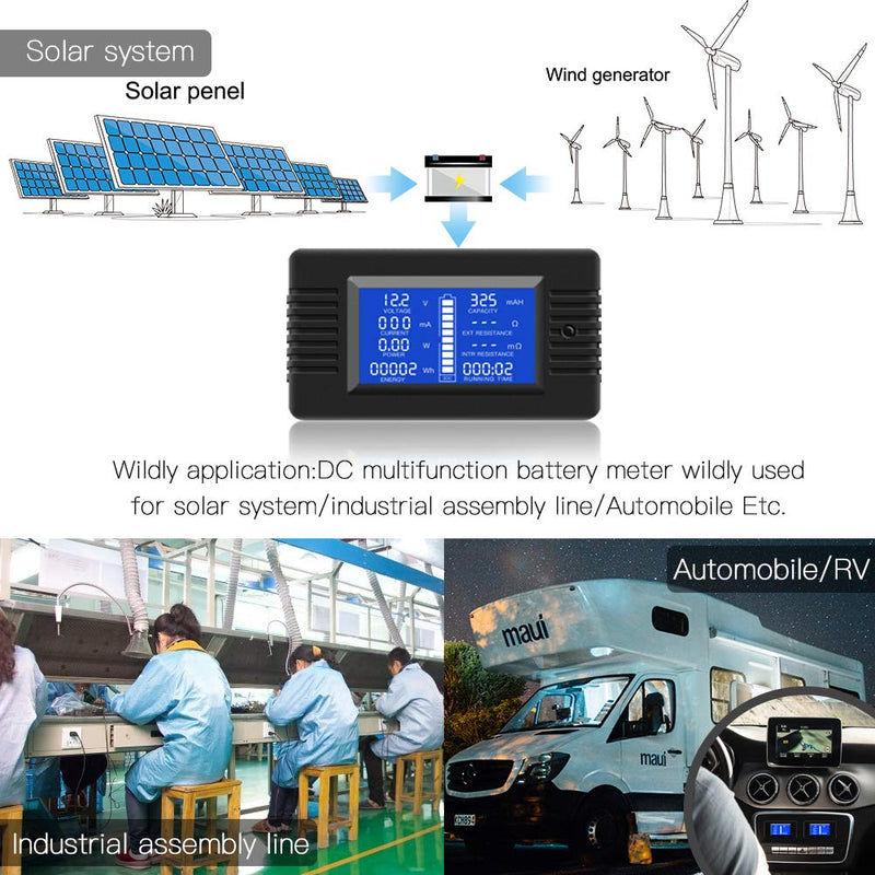 DC Multifunction Battery Monitor Meter,0-200V,0-100A (Widely Applied to 12V/24V/48V RV/Car Battery) LCD Display Digital Current Voltage Solar Power Meter Multimeter Ammeter Voltmeter DC 100A Battery Meter（100A Shunt）