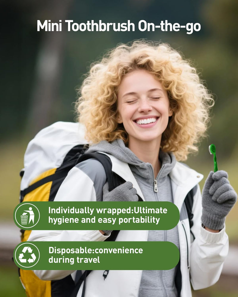 Disposable Mini Travel Toothbrush Bulk with Toothpaste 5in1 60Ct Portable Toothbrushes Set Floss Pick Tongue Scraper Cruise and Travel Essentials (Green) Green