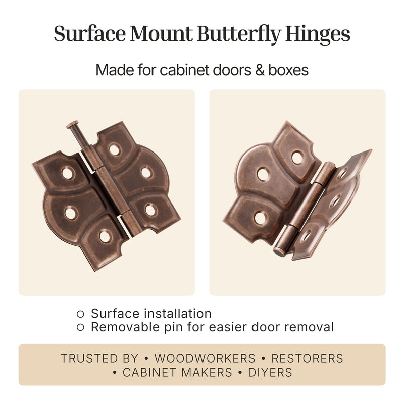 Antique Copper Butterfly Hinges with Removable Pin - Pack of 16 - Surface Mount Cabinet Door Hinges - UA-261-HAC (8) 8 Antique Copper