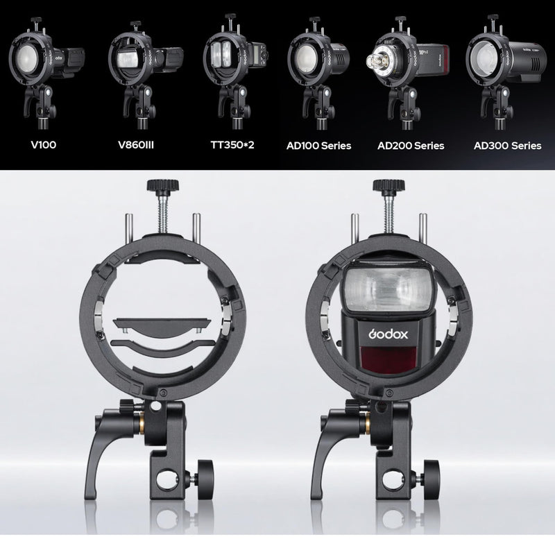 Godox S3 Speedlite Flash Bracket for Camera Flash, S-Type Bowens Mount Adapter with Umbrella Holder, Quick Setup Bracket for Softbox, Beauty Dish and Studio Lighting Godox Flash S3