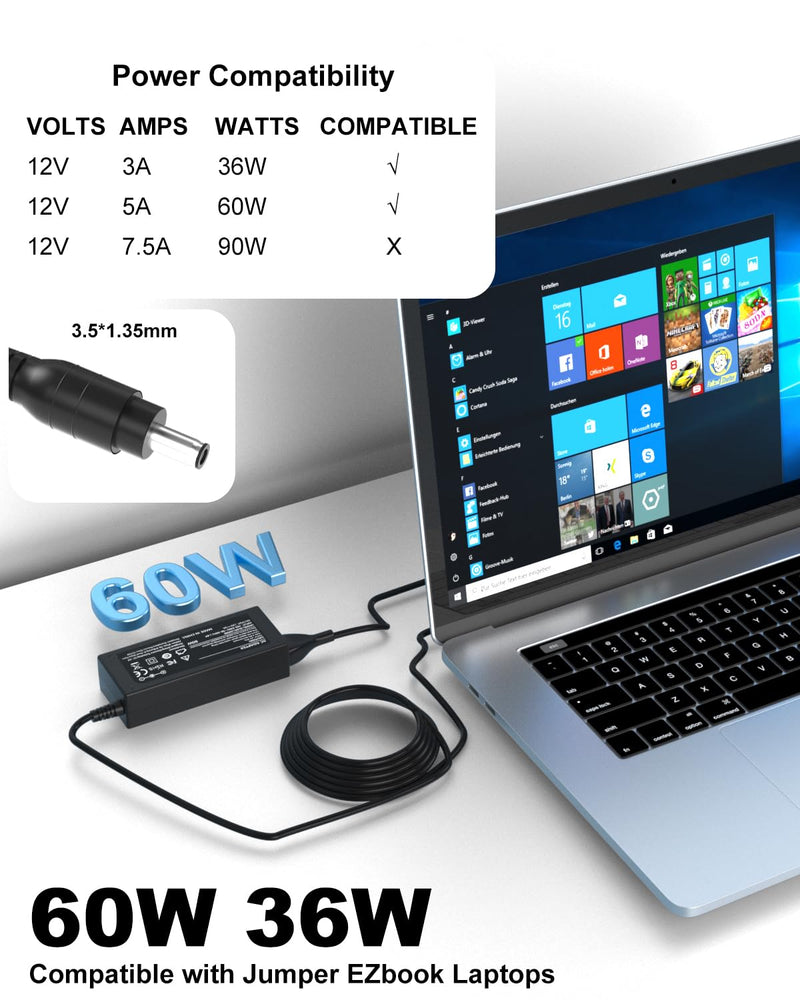 12V 5A AC Laptop Charger Compatible with Jumper EZbook Power Cord | Compatible with Jumper EZbook X3 3S 3L X4 S4 S5 2 3 Pro/EZpad 6 Pro 8/EZpad 3 Plus A5/Chuwi Herobook Pro Supply Cord