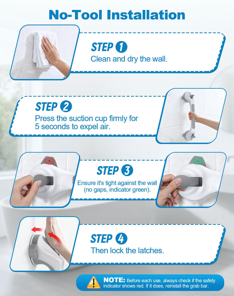 Grab Bars for Shower, 16.7" Shower Grab Bars for Seniors, Heavy Duty Suction Cup Shower Handle with Safety Indicators, No-Drill Anti-Slip Bathroom Shower Bars for Elderly & Handicap, 2 Pack White-Standard