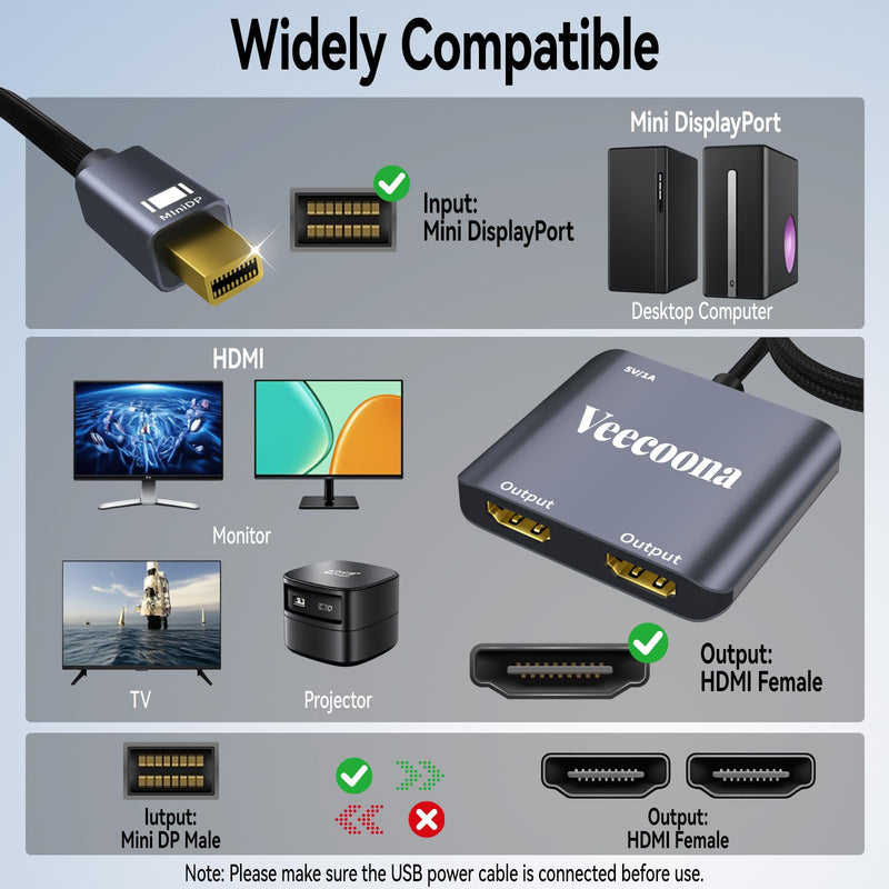 Mini DisplayPort to Dual HDMI Adapter | 4K60Hz, Thunderbolt 2 DP Male to HDMI Female Splitter Extended Display port splitter for Dual monitors, for MacBook Air/Pro, Mac mini, Surface Pro/Dock