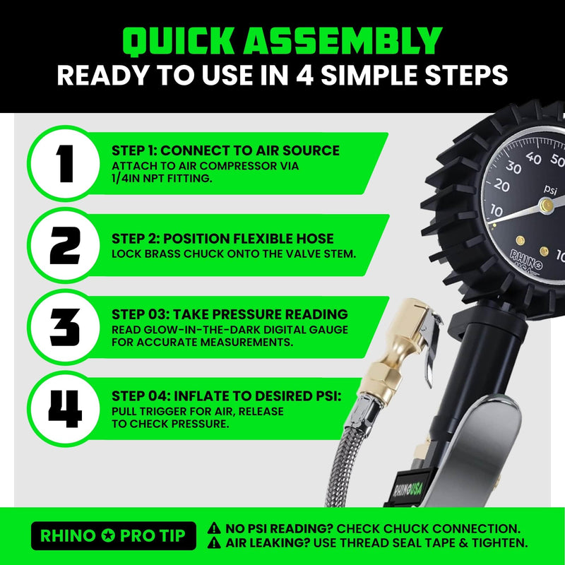 Rhino USA Tire Pressure Gauge with Inflator (0-100 PSI) - Heavy Duty Air Chuck and Compressor Accessories with Stainless Braided Hose, Large Analog Dial and Solid Brass Hardware for Truck and RV 100psi Analog