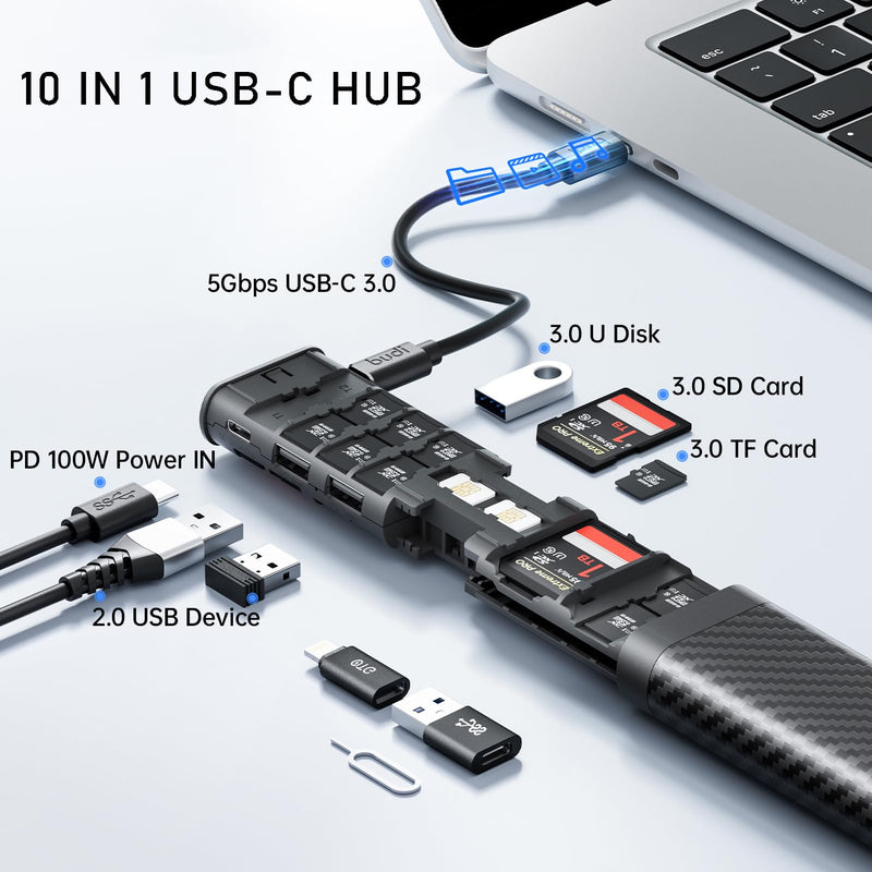 Multifunctional 10 in 1 USB C Hub 3.0 and Ultra-Slim SD Card Reader for iPhone Android and Computer with Micro SD Memory Card Case USB C Cable Memory Stick Plug and Play (HUB)