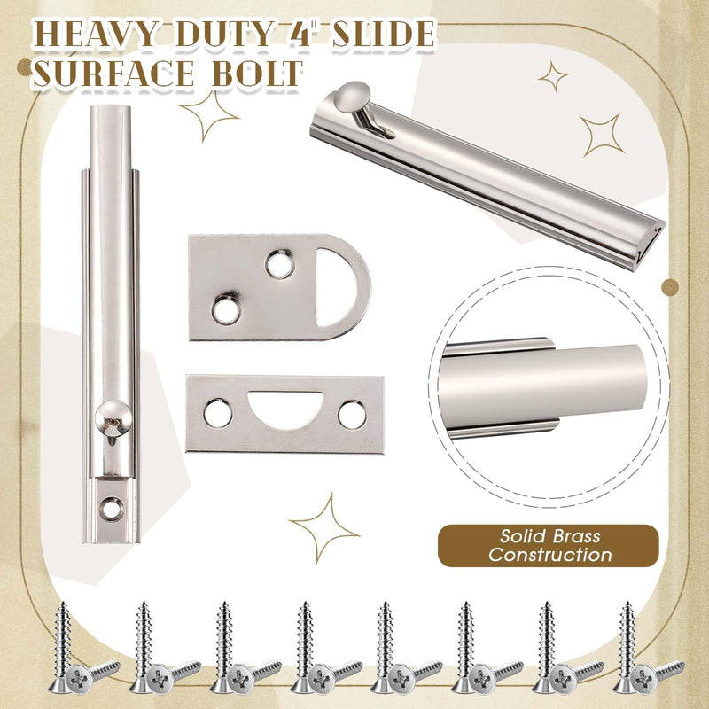 Lothee 4 Pcs Solid Brass Surface Bolts Slide Latch Door Lock Bolt with Screws Anti Theft Security Lock for Top of French Door Gates(4",Silver) 4 Inch Silver