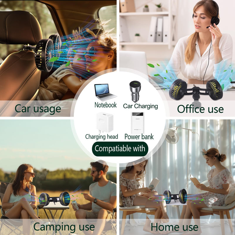Car Backseat Fan for Backseat Kids, Dual Head Usb Car Fan for Car Back Seats Kids（Usb Powered 5V/2A） Dual Head Backseat