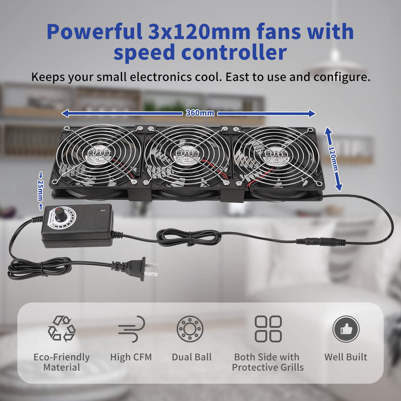 3X 120mm 12V Computer Fan with DC to AC 110V - 240V Speed Controller, Cooling for Window Cabinet Chassis Machine Server Workstation Refrigerator, Greenhouse