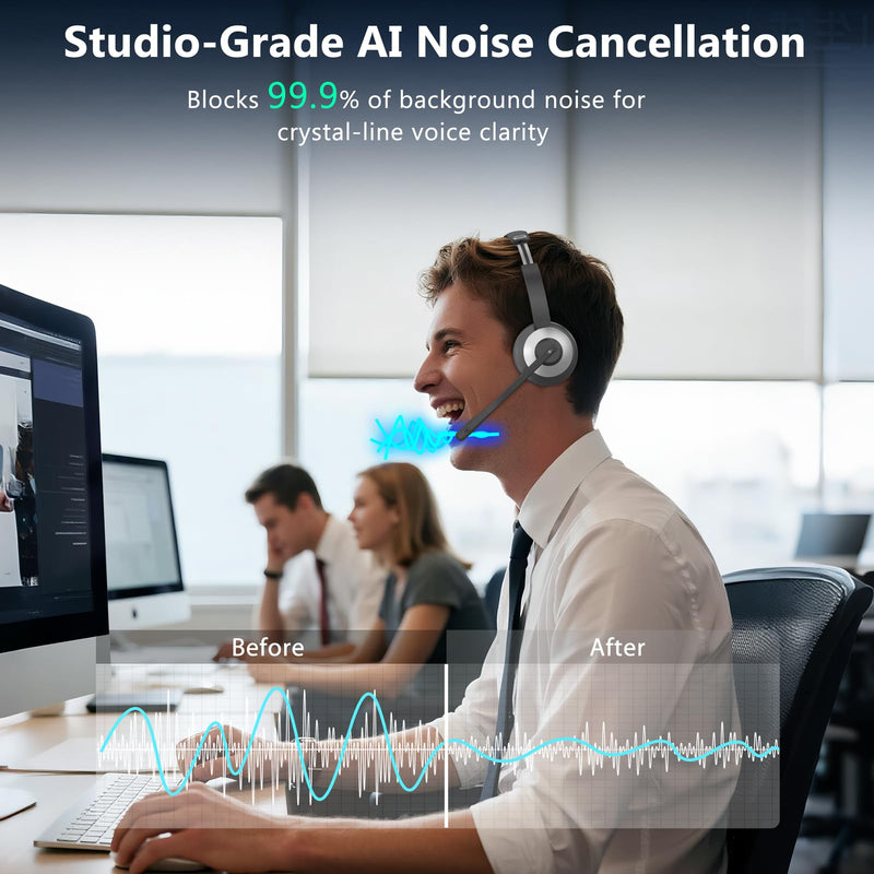 Wireless Headset with Microphone, AI Noise Cancelling Headset for Office | V6.0 Bluetooth Headset with Mute & Charging Base, Computer Headphones 36H Work, Call Center/PC/Phone/Laptop/Teams Black Silver