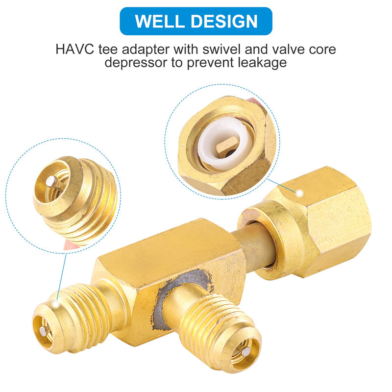 Quick Coupler Access Tee, 1/4'' Valves Core Quick Coupler Tee Adapter with Swivel Connector for Gauge Deep Vacuum Pump Manifold 2PC