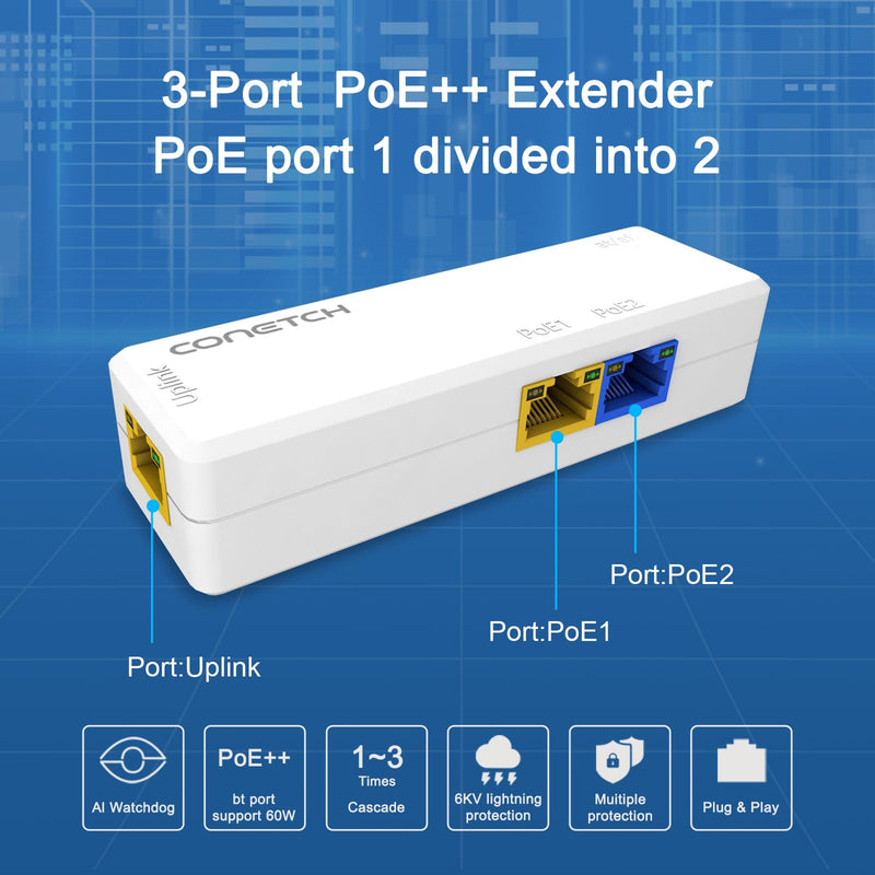 3 Port PoE Splitter, 1 in 2 Out PoE Extender, IEEE 802.3af/at/bt PoE Powered, Mini PoE Passthrough Switch, 100Mbps Ethernet, Supports 3 Levels Cascading, Plug & Play, PoE Repeater poe extender Indoor 3 Port