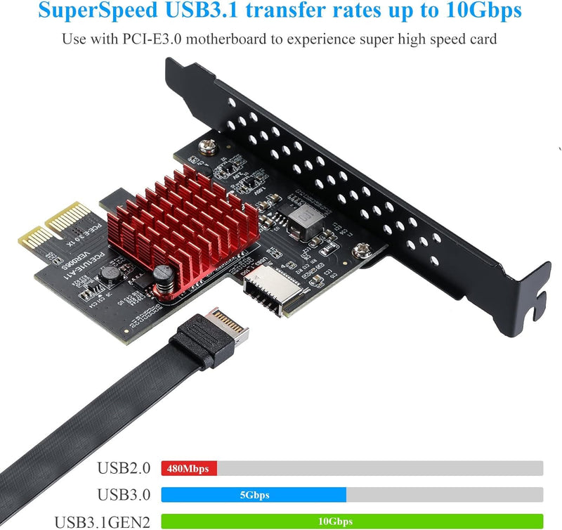 PCI-E Express Expansion Card, PCI-E 1X to USB 3.1 Type E Gen2 A-Key, 10Gbps Front Panel Adapater Card, 3.0 X1 Adapter ASM3142, Support for WIN10/8/7