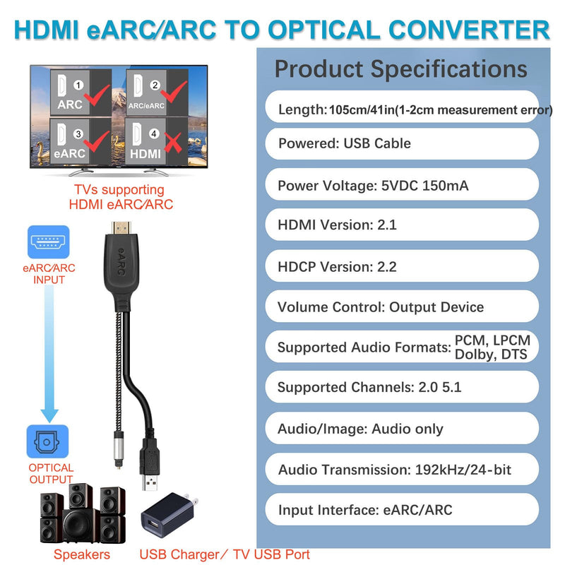 192KHz HDMI eARC/ARC to Optical Audio Converter for TV to Soundbar, Plug & Play 3.4ft/1.05m eARC to Optical Cable Audio Extractor Adapter Splitter for Sound System Home Theater Support Dolby/DTS 5.1