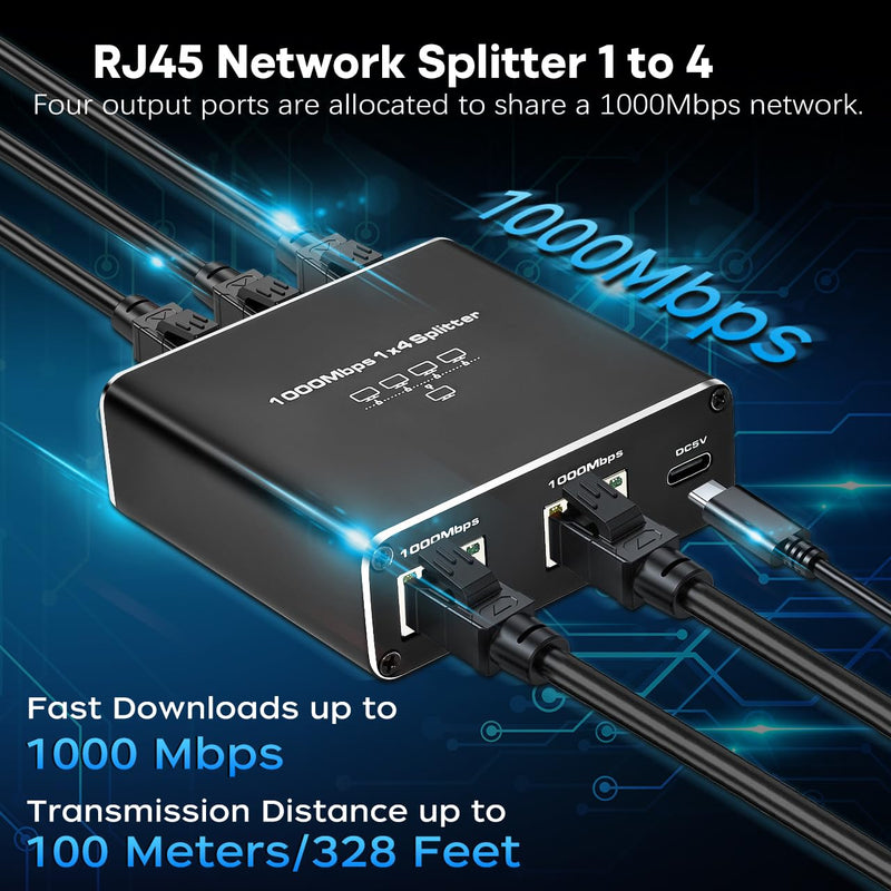 Upgrade Ethernet Splitter 1 to 4 High Speed 1000Mbps RJ45 Internet LAN Splitter [4 Devices Simultaneous Networking] with USB Power Cable for Cat5/5e/6/7/8 Cable