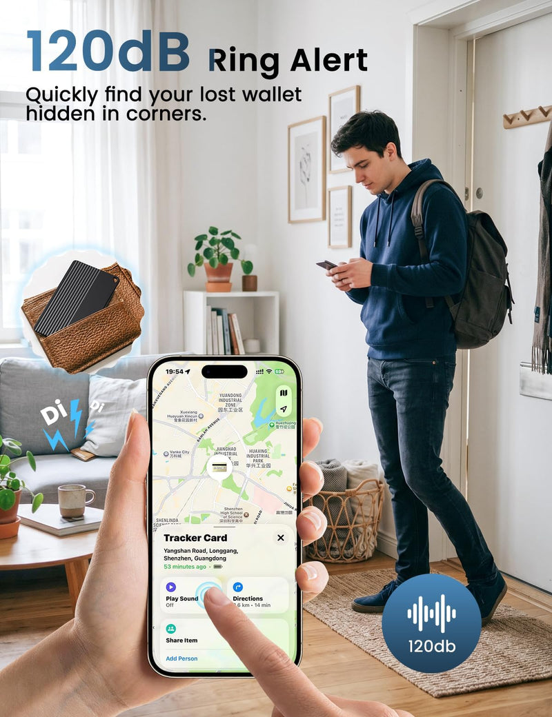 (2 Pack) Wallet Tracker Card (iOS and Android), 5 Years Battery Smart Card | 0.09 Slim Tracking Card Work with Apple Find My & Google Find Hub, GPS Locator for Luggage Passports, Backpack Black 2 Pack