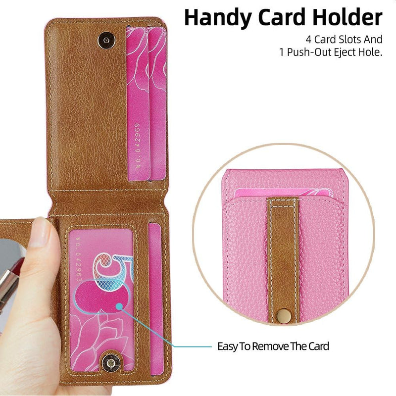 phone wallet stick on, PU Leather Wallet Stand, Mini Wallet | Holds 4 cards with photo window, grip strap, mini mirror and adjustable kickstand for phones cases, Pink