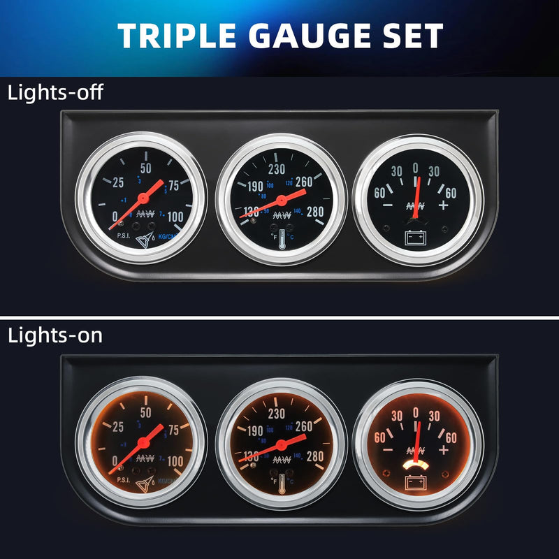 MH 2inch 52mm Triple Gauge Set, Oil Pressure (0-100PSI) Water Temperature (130°F-280°F) Ammeter AMP (-60 to 60) Car Auto 3 Gauges Cluster Set Automotive Kit Black