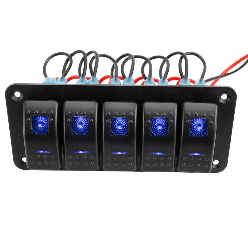 Amarine Made 12-24V Boat Switch Panel Illuminated Rocker Switch Aluminum Pre-wired Panel 2,3,4,5,6,8 Gang Toggle Switches Dash 5 Pin ON/Off 2 LED Backlit for Bus Boat Car Marine Blue LED IP65 (5 Gang)
