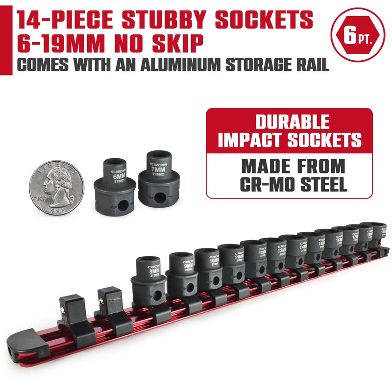CROM Stubby Impact Socket Set - 14-Piece 3/8" Drive Metric 6-19mm Low Profile Socket Set, CR-MO Steel Nano Shallow Impact, Includes Aluminum Storage Rail (Metric 14 Piece) Metric 14 Piece