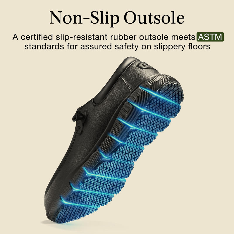 NINGO Non Slip Work Shoes for Men, Comfortable Slip On Restaurant Shoes, Lightweight Mens Food Service Shoes with Water & Oil Resistant, Breathable Black Walking Loafers for Chef, Kitchen 10.5