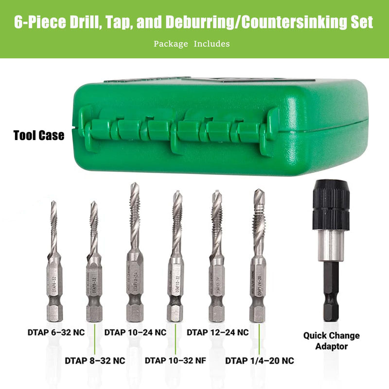 DTAPKIT Metal Drill/Tap Kit for Greenlee，6-Piece Drill, Tap, and Deburring/Countersinking Set with Quick Change Adaptor，6-32 - 1/4-20 Drill and Tap Set