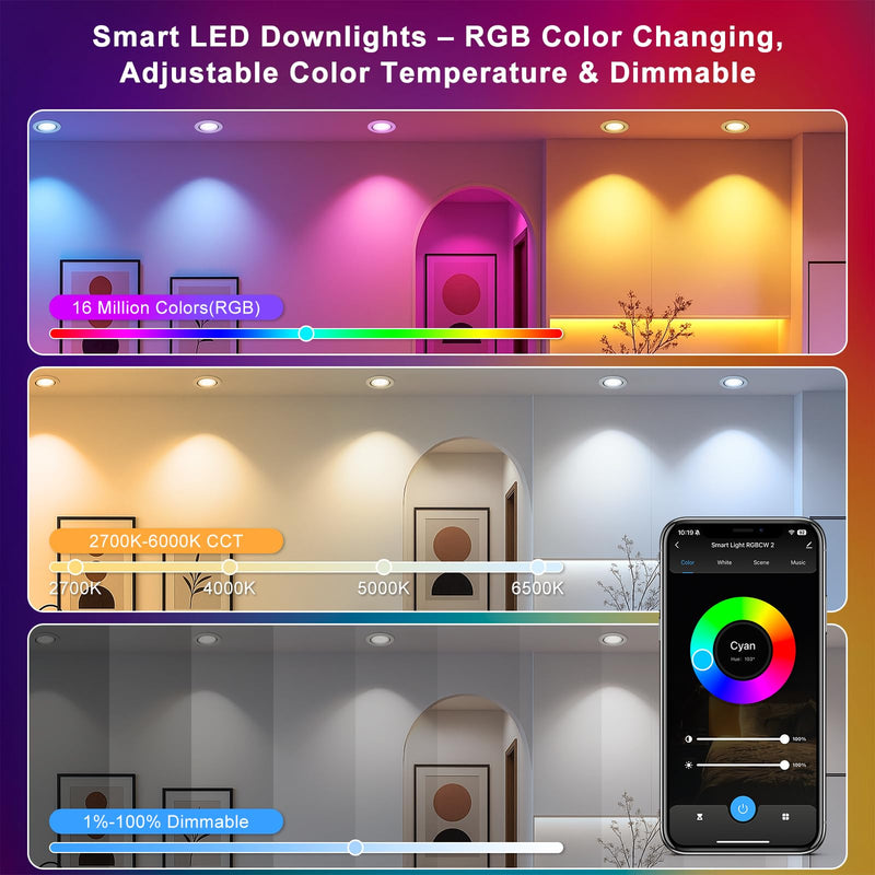 2 Inch Smart Recessed Lighting, 5W RGB WiFi LED Downlight, Dimmable RGB Color Changing & CCT 2700K–6500K, Compatible with Alexa & Google Home, 120V Round Recessed Ceiling Light with Driver (4 Pack) 4 Pack