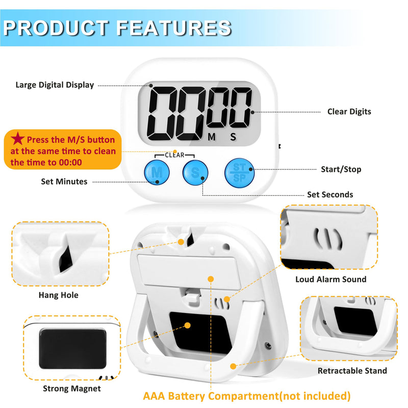 ZILLEEN Kitchen Timer Digital with Magnetic Back for Kids Classroom, White 12 Pack White & White 6