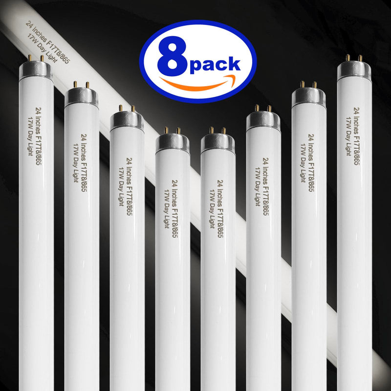 Konideke 24 Inch F17T8/865 Fluorescent Bulb Daylight 6500K, 17 Watt T8 Light Bulb, 2 Foot Fluorescent Light Bulb, 1460 lumens, G13 Medium Bi-Pin Cap 8 Pack