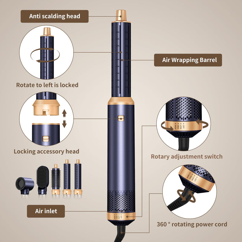 Mogawave Hair Styler Airbrush Pro 5 in 1, 1000w Air Styler | Hair Dryer Multi Styler with Air Curler,Blow Dryer Brush, Hair Styling Tool for Curling, Volumizing,Smoothing Purple