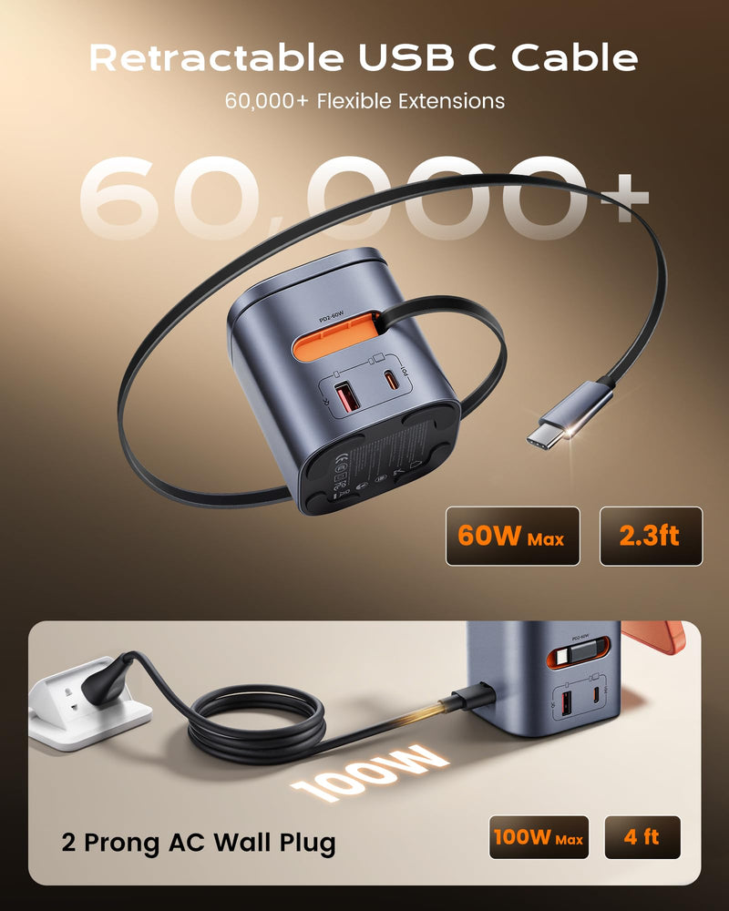 6-in-1 100W GaN Charging Station & 25W Qi2 Magnetic Stand for Apple/Samsung | With retractable USB-C cable. 25W magnetic Magsafe charge for iPhone 12-17 Pro Max/Air, Apple Watch, AirPods & Galaxy Watch Grey