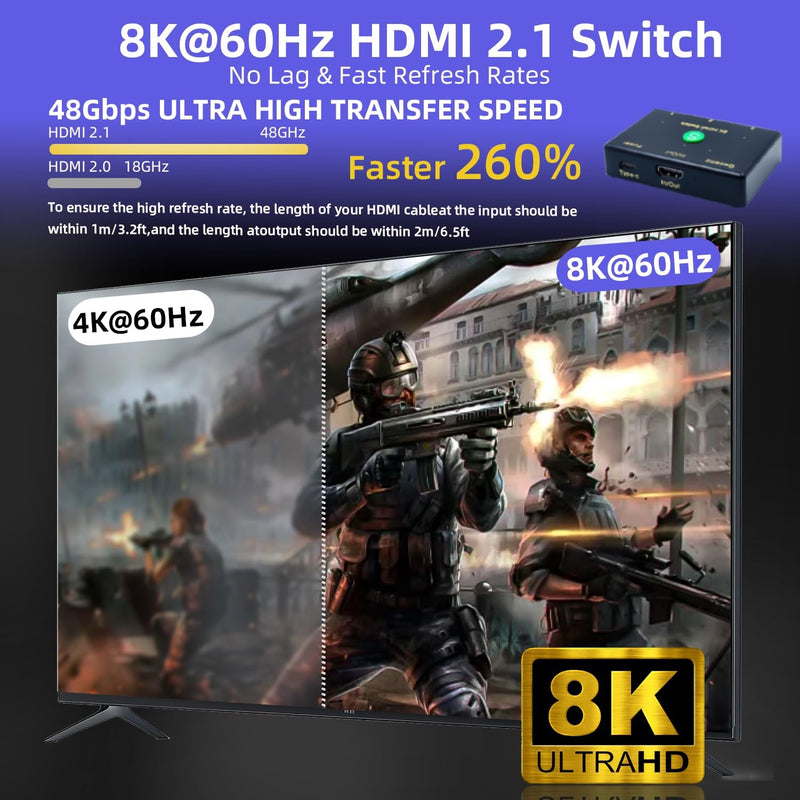 HDMI 2.1 Switch 3 in 1 Out 8K@60Hz, 4K@120Hz HDMI Switcher Wireless Remote | Power By HDMI Cable, Gaming Console, Streaming Device, Home Theater, Projector, Slim Dimension, Long Remote Distances