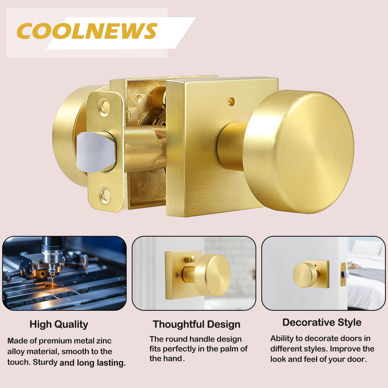 coolnews Gold Door Knobs Interior, Privacy Door Knob with Lock, Heavy Duty Square Modern Door Handle for Bedroom Bathroom, Satin Brass Brushed Gold