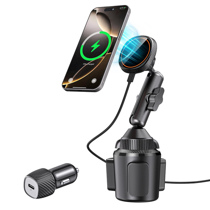 EXELIQ for Qi2 15W Magsafe Car Mount Charger, Magnetic Car Cup Phone Holder | Heat Dissipation Fan, Wireless Fast Charging, Tri-Pivot Cup Holder Phone Mount for iPhone 17 16 15 14 13 12 [PD 30W Adapter]