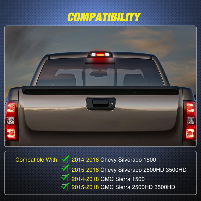 Nilight Third Brake Light High Mount 3rd Stop Reverse Cargo LED Lighting for Chevy Silverado GMC Sierra 1500 2500 3500HD 2014-2018 Pickup Truck Rear Cab Center Tail Lights Smoked Lens Chevy/GMC 2014-2018