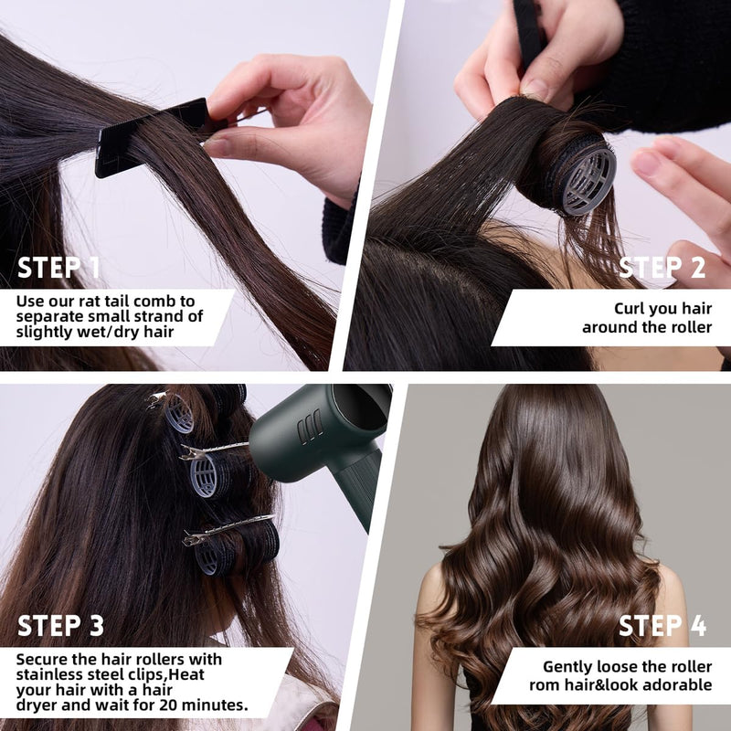 Hair Rollers Set 40 PCS, Hair Roller For Long & Short Hair, Velcro Hair rollers, Rollers hair curlers with 18 Self Grip Black Rollers, 16 Hair Clips, 1 Rat Tail Combs&Waterproof storage bag