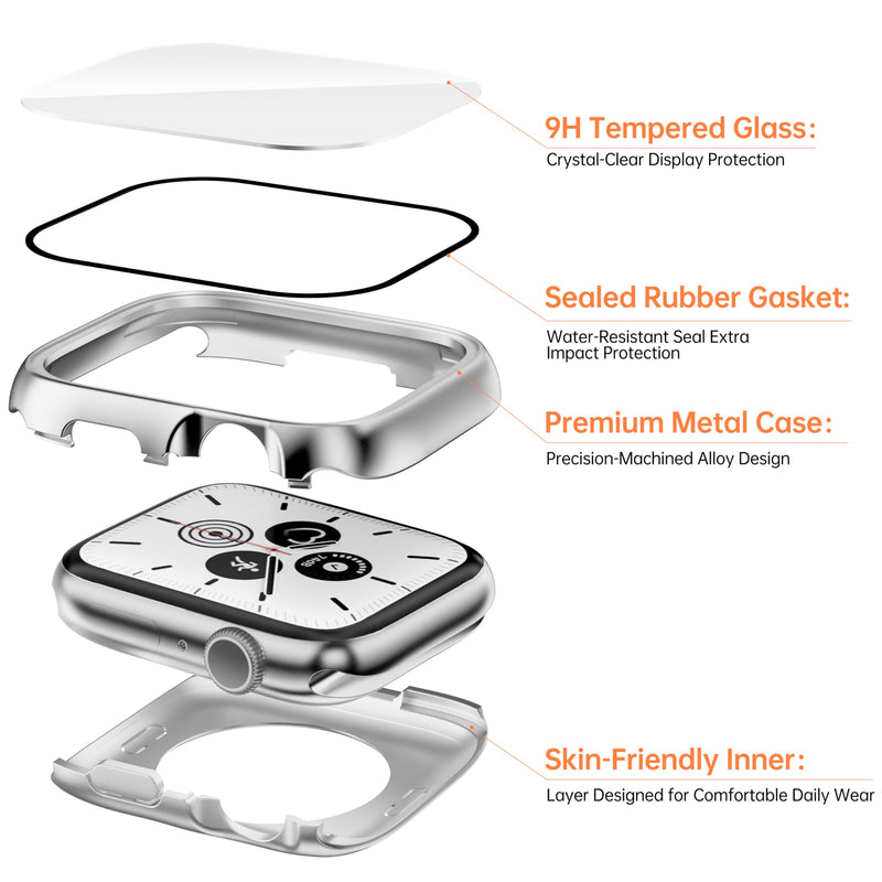 Metal Waterproof Case for 40mm Apple Watch SE 3/2/1 Series 6/5/4 | 40mm Cover Built-in Tempered Glass Screen Protector, Full Coverage, Anti-Scratch, Metal Silver 40mm(SE3/SE2/SE/6/5/4)