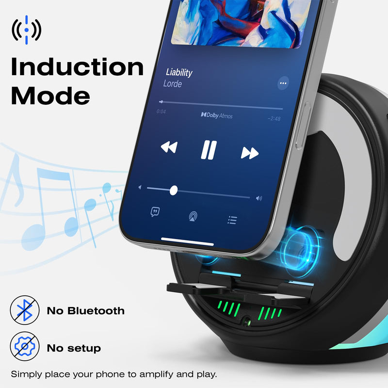 Wireless Induction Speaker with Phone Stand, RGB Bluetooth Desk Speaker | No Bluetooth Pairing, Instant Sound Boost, Great for calls, podcasts, and videos, Unique Gift for Men, Dad, Mom, Office