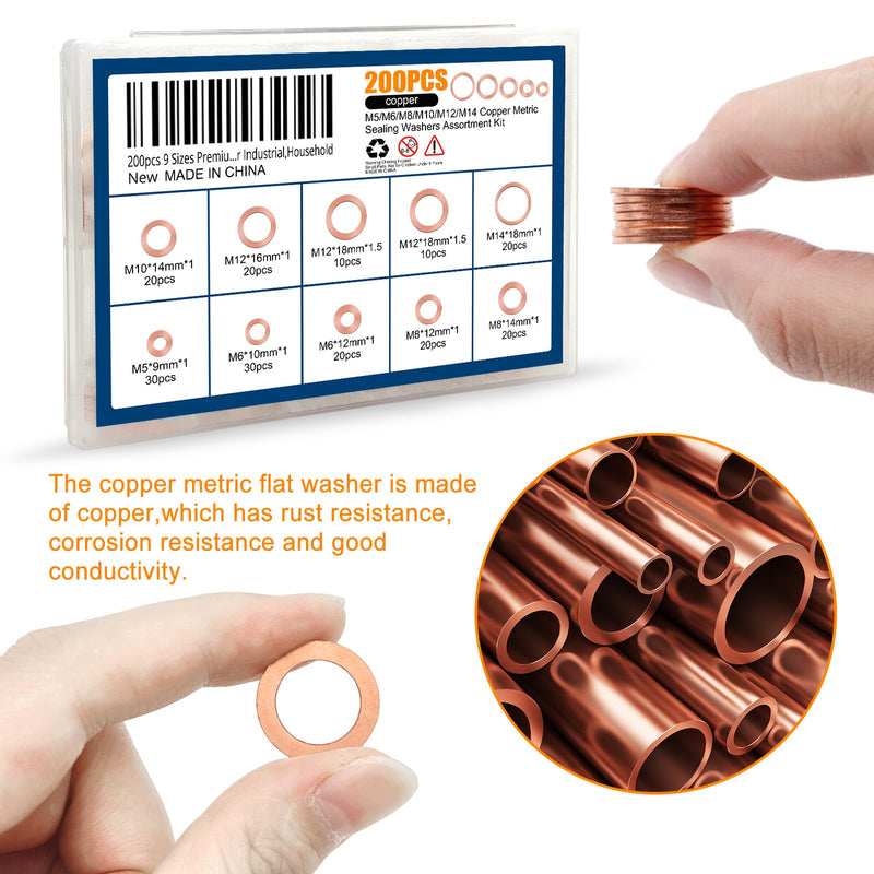200pcs 9 Sizes Premium Copper Metric Sealing Crush Washers Assortment Kit,Flat Sealing Washer M5 M6 M8 M10 M12 M14,Flat Ring Sump Plug Oil Seal Gasket Sealing Fitting Washers for Industrial,Household