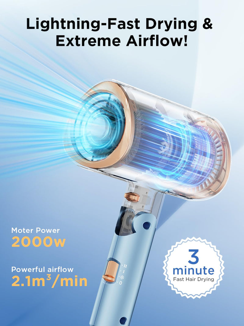 Ionic Hair Dryer 2000W Fast Drying with Diffuser & Concentrator, Blue | 2000W Fast Drying, Negative Ion Care, Foldable Design, Diffuser, Concentrator, Home, Travel Use Skyblue