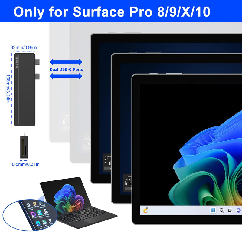 Surface Pro 8/9/X/10 Dongle - Surface Pro 9 Adapter with 4K HDMI, Thunderbolt 4 (8K@30Hz Video+40G Data+100W PD), USB 3.0, SD/TF Reader, 3.5mm Audio Microsoft Surface Pro 9 Docking Station Hub SHX5B-C