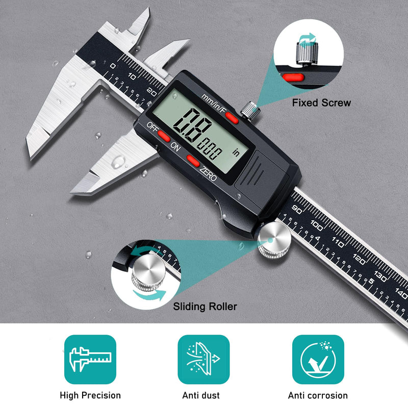 Kynup Digital Vernier Caliper, Caliper Measuring Tool, Outside Micrometer Dial Caliper with Stainless Steel, Large LCD Screen, Auto - Off Feature, Inch Metric Fraction Conversion (6Inch/150mm) 004-2