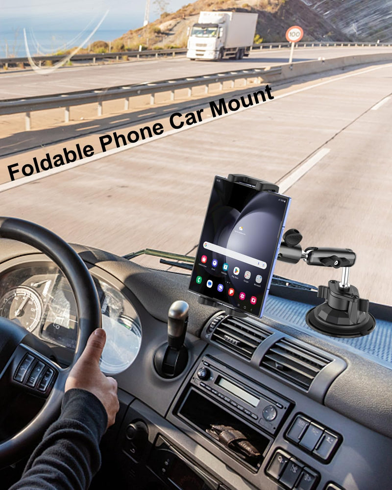 Z Fold Car Holder, Windshield Mount for Foldable Phone, Super Suction Cup | 360° Metal Arm Truck Dashboard Tablet Phone Stand for Galaxy Z Fold 8 7 6 5 4 3 2, Pixel Fold, Galaxy Tab, 4-13" Device