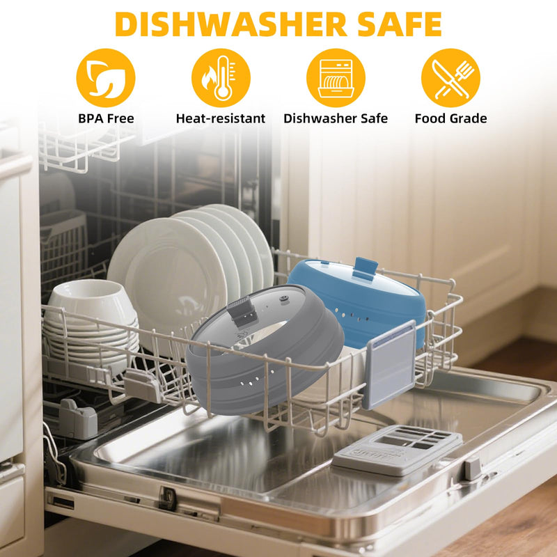 Microwave Splatter Cover Glass Cover Guard Lid with Collapsible Silicone for Food Pot Plate Cover 9.8 inch Light Grey