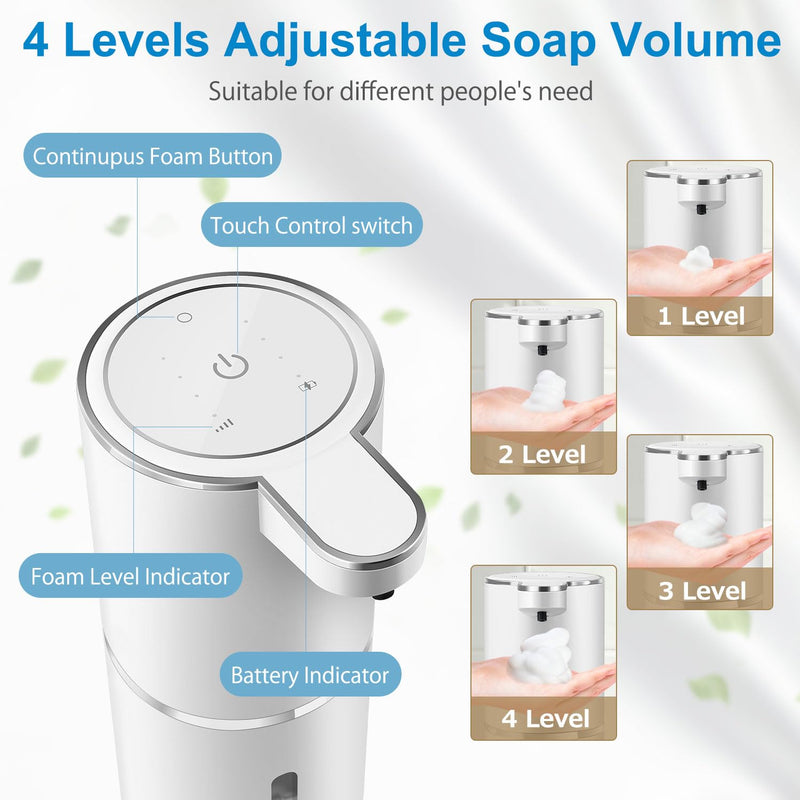 Automatic Foaming Soap Dispenser, 4-Level Adjustable Foam, Wall Mount, USB Rechargeable, 12.8oz/380ml, Touchless Hand & Dish Soap Dispenser for Bathroom, Kitchen, Hotel, Restaurant White