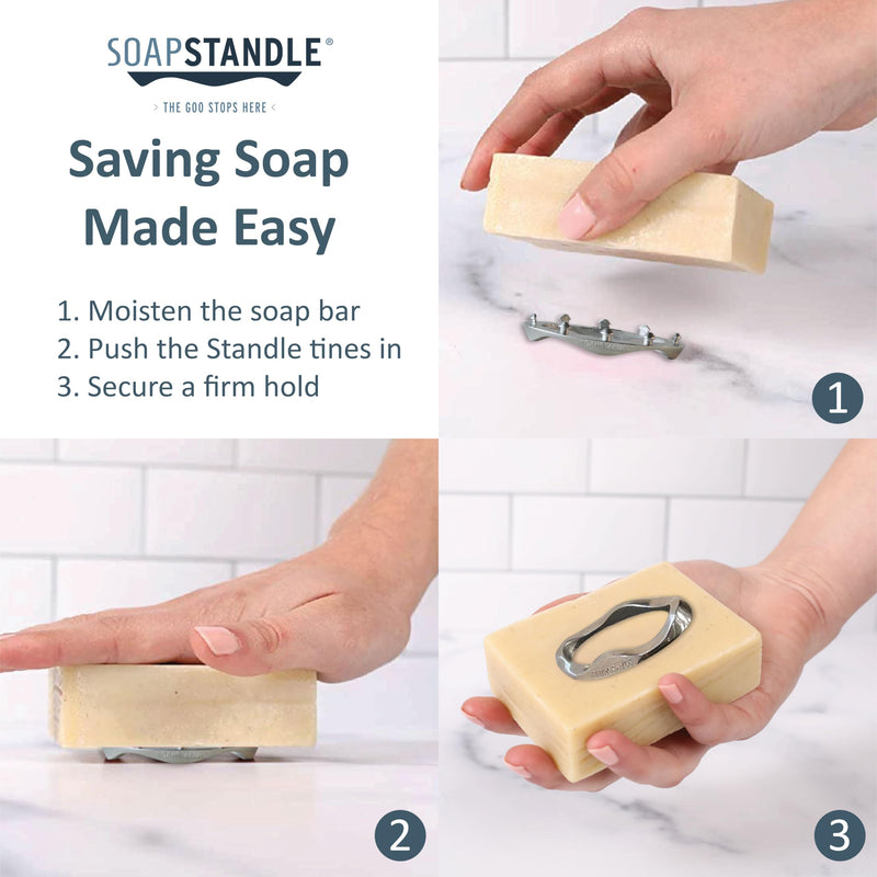 SoapStandle Bar Soap Gripper | Eco Luxury Rust Resistant Stainless Steel Soap Holder for Bath and Showers | No Goo or Mess Soap Saver Non Slip Bar Soap Holder Quick Dry Soap Stand - 1 pc.