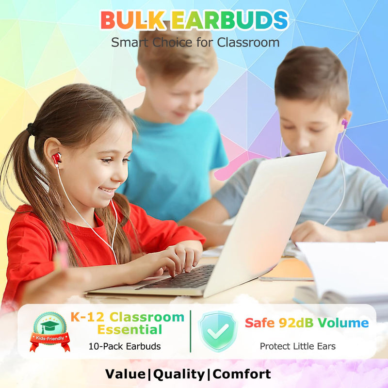 10-Pack Kids Earbuds for Classroom School Librariy, Wired Headphones, in Ear Earbuds for Kids Student, 3.5mm Earphones for Chromebook Laptop PC Multicolor 10 Pack