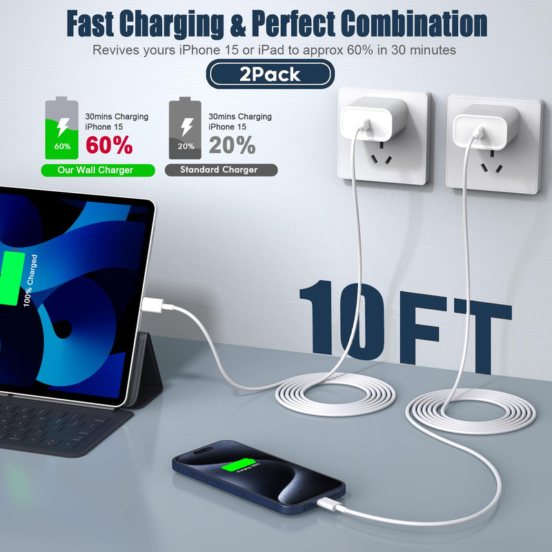 iPhone 17/16/15 Charger Fast Charging,2Pack 10FT Long USB C to C i Phone Fast Charging Cable Cord with 20W USBC Quick Charger Block Adapter for iPhone 17/16 Pro/15 ProMax/15 Plus,iPad 12.9/11/10.9/Air 2Pack 10FT C-C 2