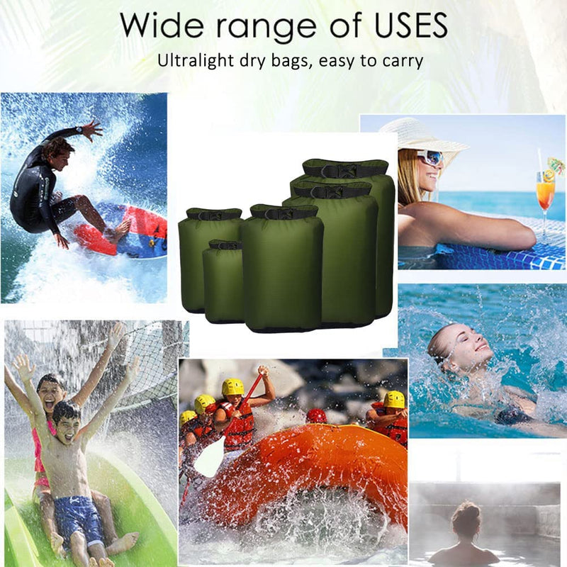 Pimoys 5 Pack Waterproof Dry Sacks, Lightweight Outdoor Dry Bags 20L /12L / 10L/ 6L/ 3.5L Ultimate Dry Bags for Kayaking Camping Rafting Boating Green