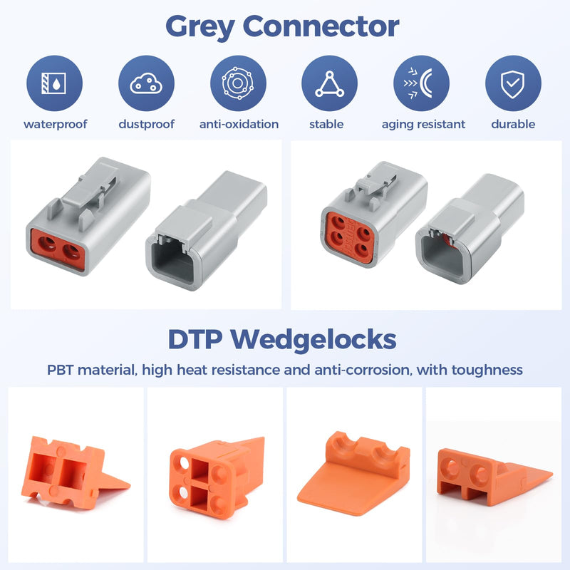 120 PCS Deutsch DTP Connector Kit 2 4 Pin Automotive Waterproof Connectors 12 sets with Size 12 Stamped Contacts Gauge 14-12 AWG Wire Size,25A 2Pin+4Pin-6 Set